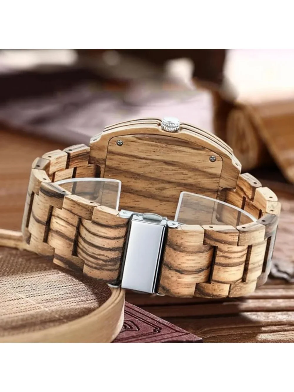Mens Watch Two Tone Wood Rectangle Handmade Analog Dial Quartz Casual Wristwatch